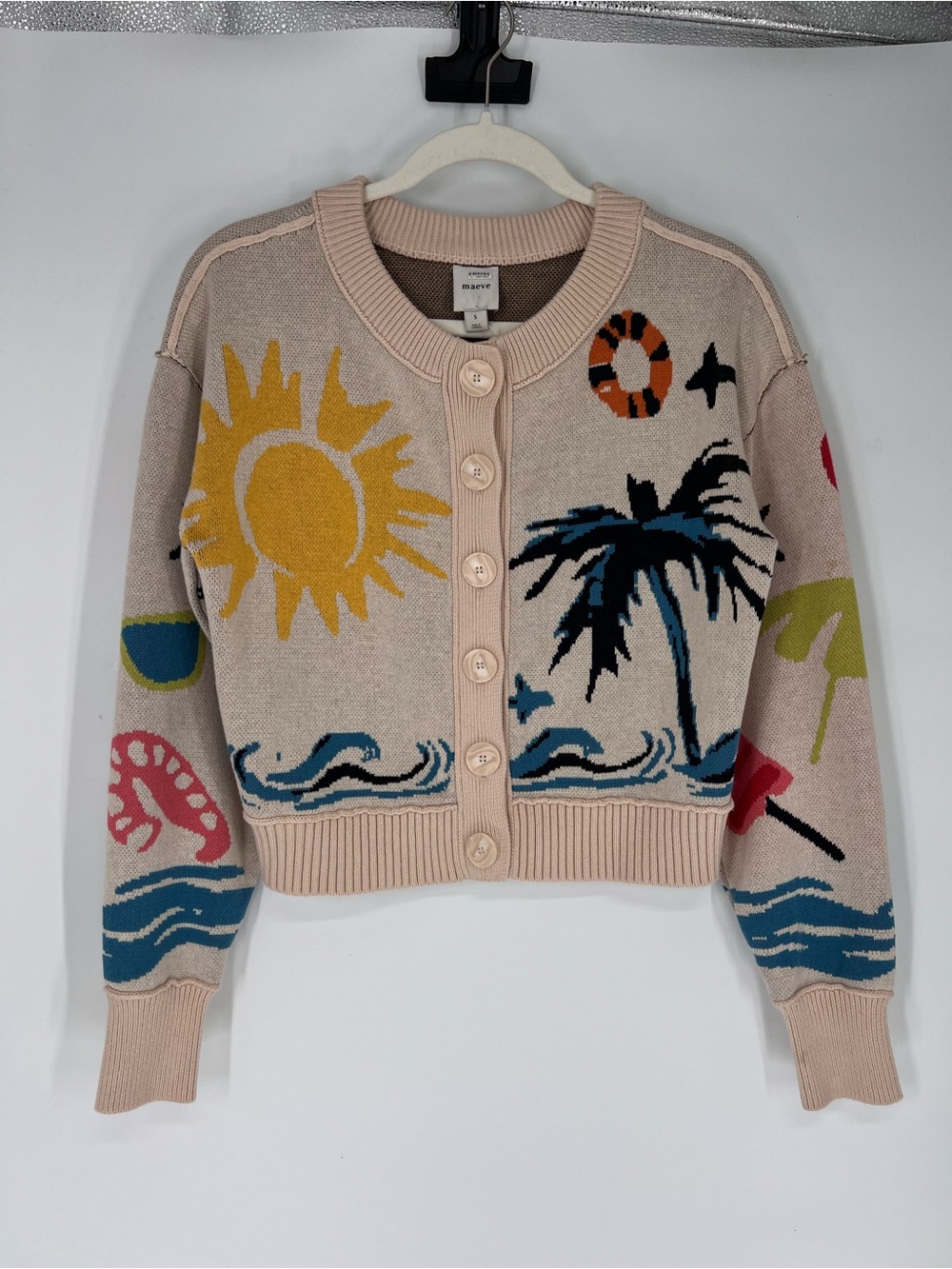 Maeve Crew Neck Vacation Resortwear Tropical Motif Knit Cardigan Sweater Small